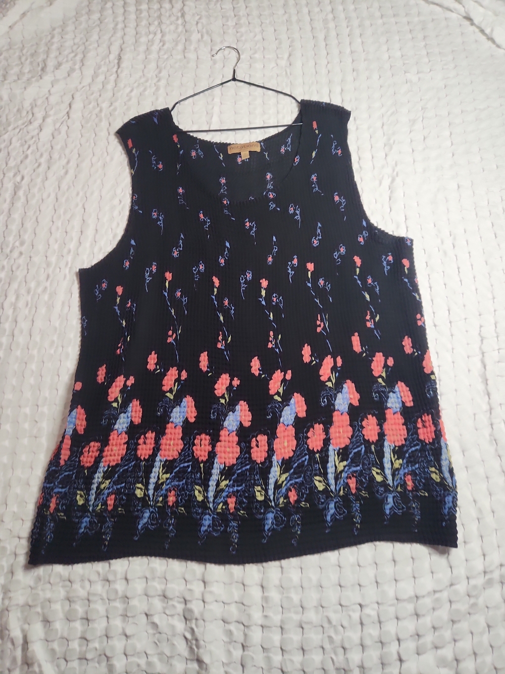 Sleeveless Black Floral Tank with Coral & Blue Border